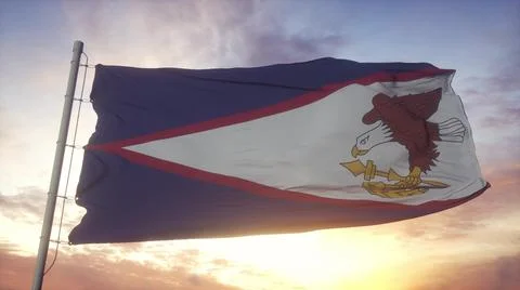 Flag of American Samoa waving in the wind, sky and sun background. 3d rendering Illustrazione stock