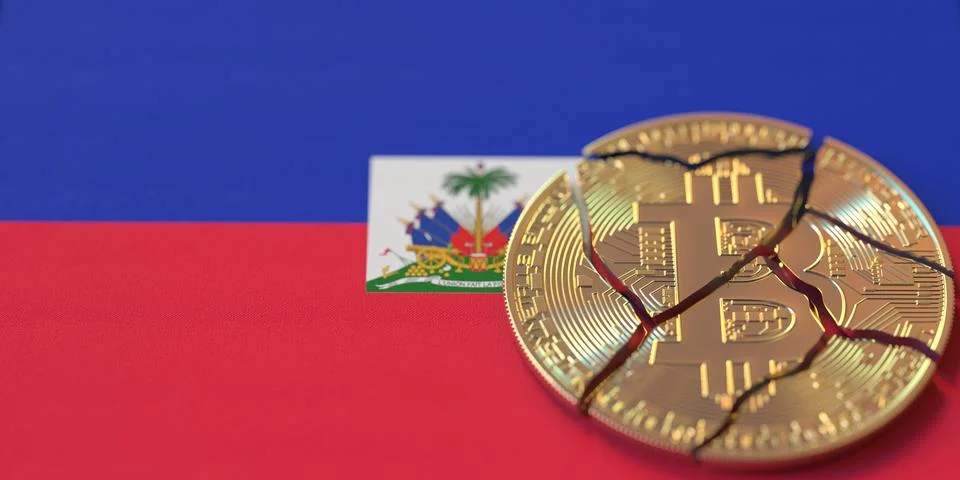 Flag and broken bitcoin. Cryptocurrency ban or crypto legal issues Stock Illustration