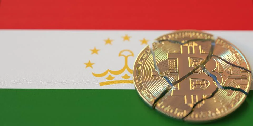 Flag and broken bitcoin. Cryptocurrency ban or crypto legal issues Illustrazione stock