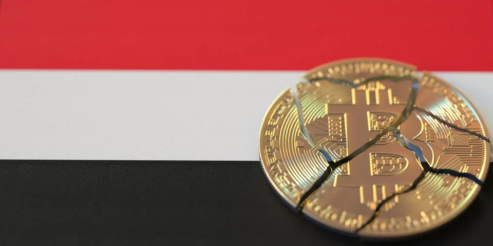 Flag and broken bitcoin. Cryptocurrency ban or crypto legal issues Illustrazione stock