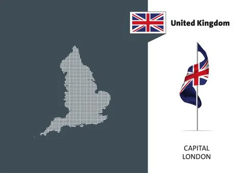 Flag and a dotted map of the United Kingdom on white background. Stock Illustration