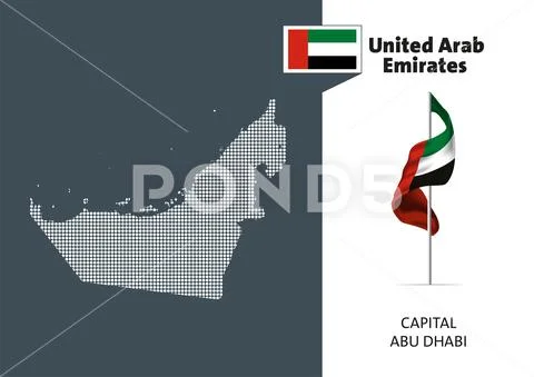Flag and a dotted map of the United Arab Emirates on white background ...