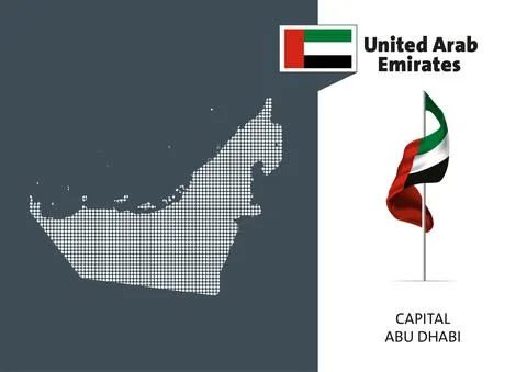 Flag and a dotted map of the United Arab Emirates on white background. Stock Illustration