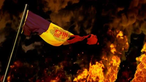 Flag of Andorra on burning fire background - hard times concept Illustrazione stock