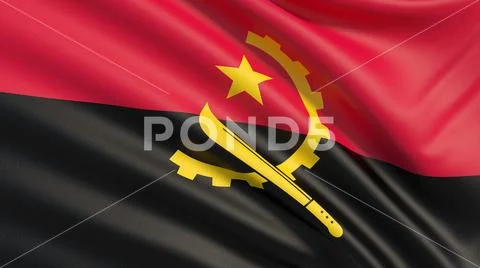 Flag of Angola. Waved highly detailed fabric texture. Stock Photos