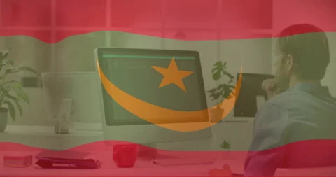 Flag animation over person working on computer in modern office Stock Footage 305526986
