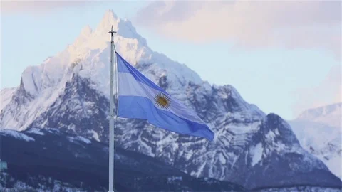Flag of Argentina and Mount Olivia in the Background, Ushuaia, Argentina. Stock Footage