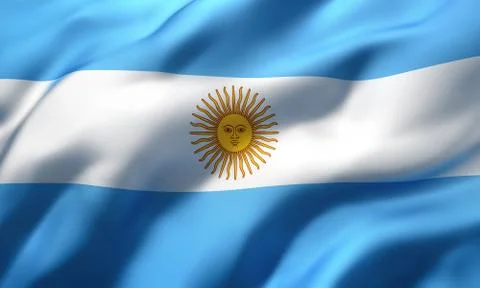 Flag of Argentina blowing in the wind. Full page Argentine flying flag. 3D il Stock Illustration
