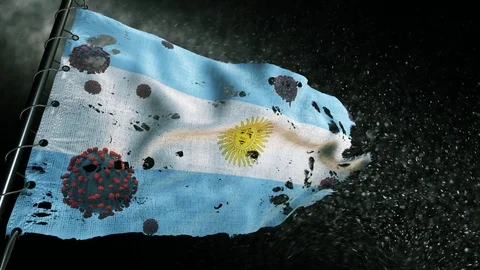The flag of Argentina is torn and marked with the virus of covid-19 . Vídeo Stock 127195982