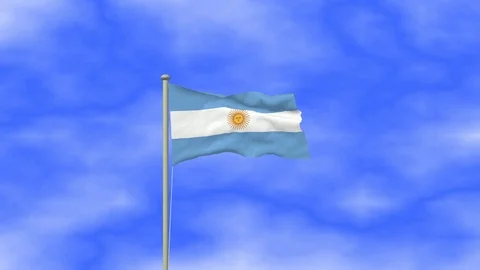 Flag of Argentina waving in the wind with pole and blue sky background Stock Footage 124942818