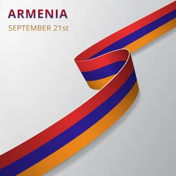 Flag of Armenia. 21st of September. Vector illustration. Wavy ribbon on gray  Stock Illustration