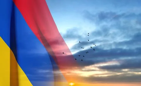 The flag of Armenia on background of sunset sky Stock Illustration