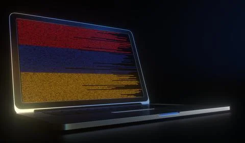 Flag of Armenia made with computer code on the laptop screen. Hacking or 스톡 일러스트