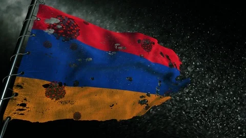 The flag of Armenia is torn and marked with the virus of covid-19 . 스톡 동영상 127195441