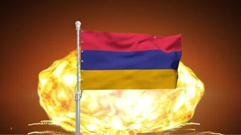 Flag of Armenia waving in wind with massive nuclear explosion in background.. Stock Footage 341868531