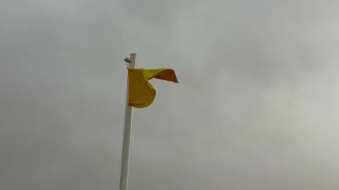 Flag Atop Pole Indicating Danger Amidst Turbulent Weather And High Surf Stock Footage 337938584