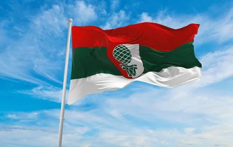 Flag of Augsburg at cloudy sky background on sunset, panoramic view. Federal  Stock Illustration