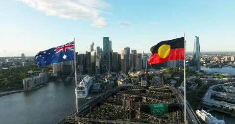 Flag Of Australia And Aboriginal Flag On Top Of Sydney Harbour Bridge With Stock Footage 232384179