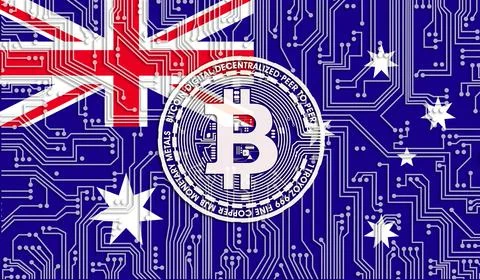 Flag of Australia and bitcoin, Integrated Circuit Board pattern. Bitcoin Stoc Illustrazione stock