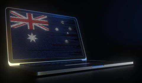 Flag of Australia made with computer code on the laptop screen. Hacking or Stock Illustration