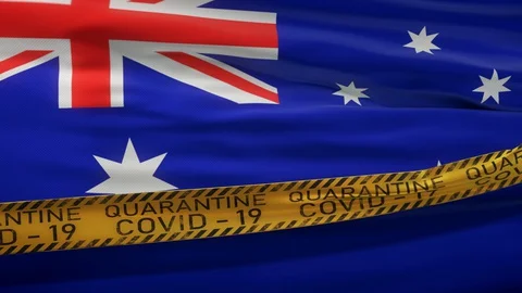 Flag of Australia waving on wind with Covid-19 quarantine tape Stock Footage 127722201