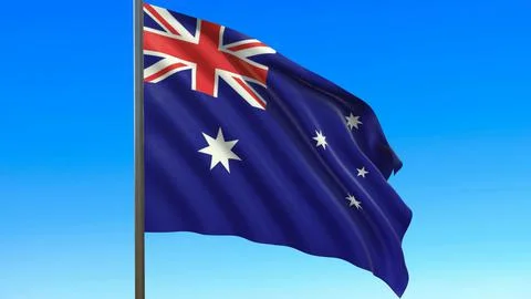 Flag of Australia waving in the wind on flagpole against the sky 3d-rendering イラスト素材