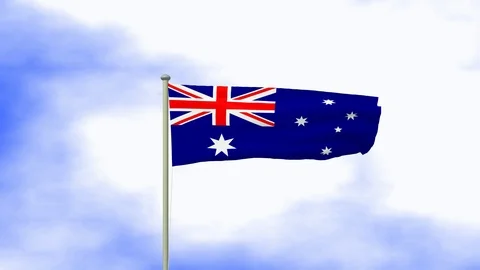 Flag of Australia waving in the wind with pole and blue sky background Stock Footage 124942838
