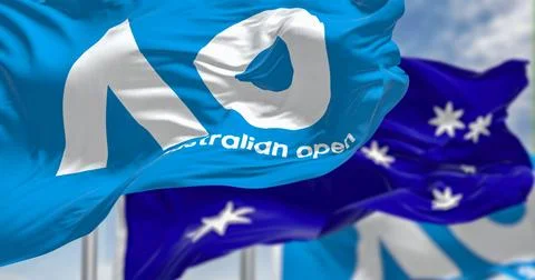 The flag with the Australian Open logo and the national flag of Australia w.. Stock Illustration