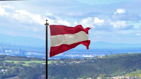 The flag of Austria on the flagpole flies against the landscape of the city of V Video stock 255502804