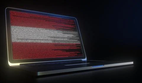 Flag of Austria made with computer code on the laptop screen. Hacking or Stock Illustration