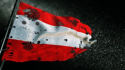 The flag of Austria is torn and marked with the virus of covid-19 . Stockbeeldmateriaal 127195439