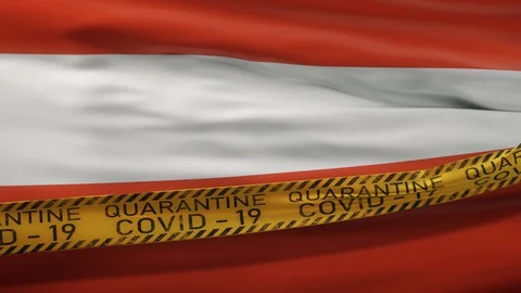 Flag of Austria waving on wind with Covid-19 quarantine tape Stock Footage 127722142