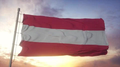 Flag of Austria waving in the wind, sky and sun background. 3d rendering Stock Illustration