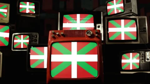 Flag of the autonomous region of the Basque Country and Vintage Televisions. Stock Footage 148203144