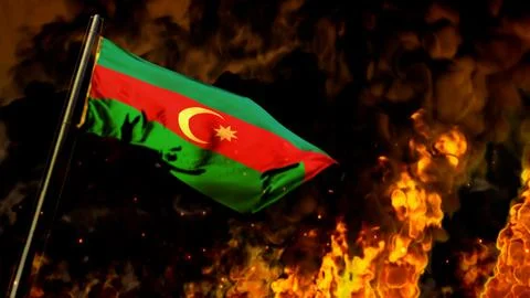 Flag of Azerbaijan on burning fire background - hard times concept 스톡 일러스트