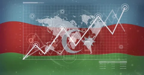 Flag background and world map overlay activating emblem, gear icons appearing, Stock Footage 326187242
