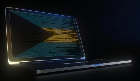 Flag of Bahamas made with computer code on the laptop screen. Hacking or 库存插图