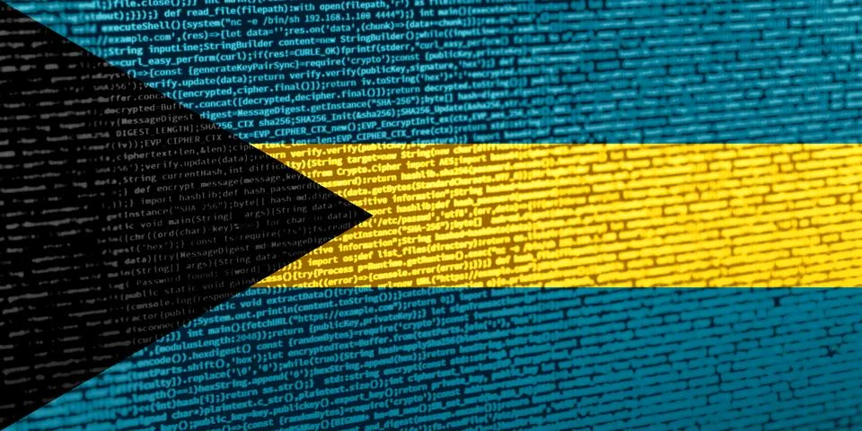 Flag of the Bahamas over digital code. Concept of cybersecurity, innovation.. Foto stock