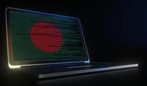 Flag of Bangladesh made with computer code on the laptop screen. Hacking or Stock Illustration