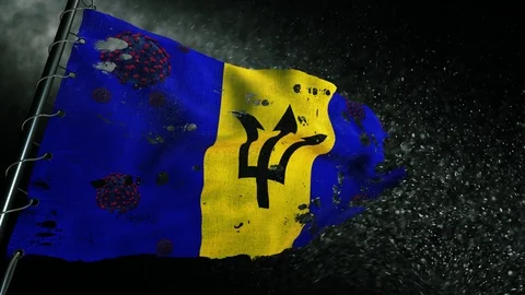 The flag of Barbados is torn and marked with the virus of covid-19 . Stockbeeldmateriaal 127196171