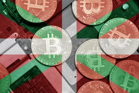 Flag of basque country on the bitcoins with computer electronic circuit board Stock-Fotos