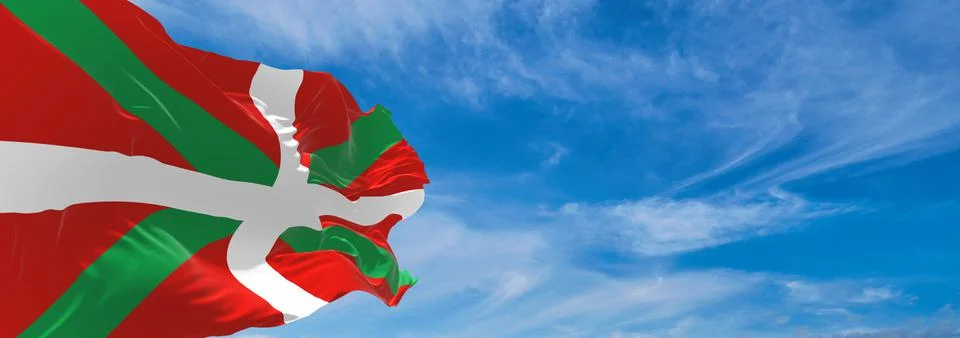Flag of Basque Country , Spain at cloudy sky background on sunset, panoramic  Stock Illustration