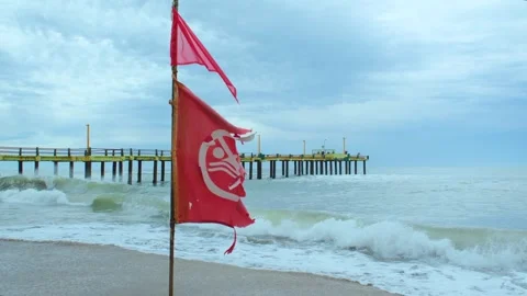 Flag with bathing ban develops in the wind, Atlantic coast beach Video stock 260984579