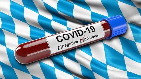 Flag of Bavaria waving in the wind with a positive Covid-19 blood test tube. Stock Illustration