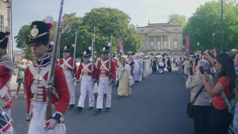 Flag Bearers Lead Jane Austen Festival Parade Past Holburne Museum Stock-Footage 342641569