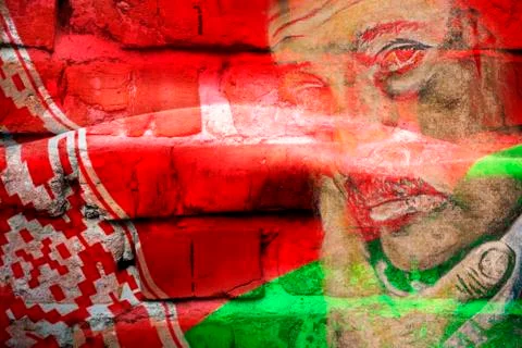 Flag of Belarus on a background of an old brick wall. Portrait of Lukashenko Stock Illustration