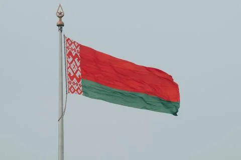 The flag of Belarus develops in the wind against the background of a white Foto stock
