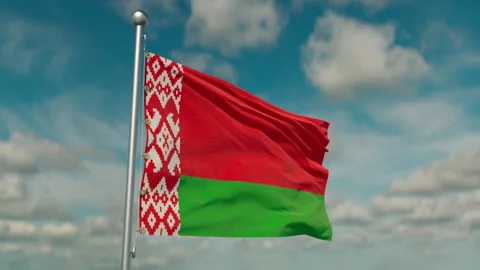 The flag of Belarus flutters in the gentle wind, the camera flies around it Stock Footage 242337784