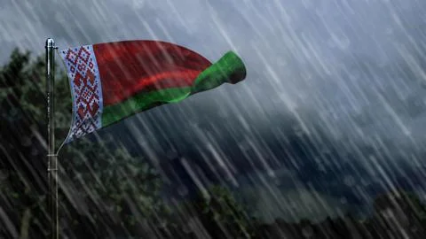 Flag of Belarus with rain and dark clouds, windstorm forecast symbol Stock Illustration