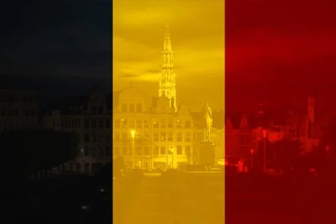 Flag of Belgium in minimalistic design composition atomium Brussels Stock Illustration